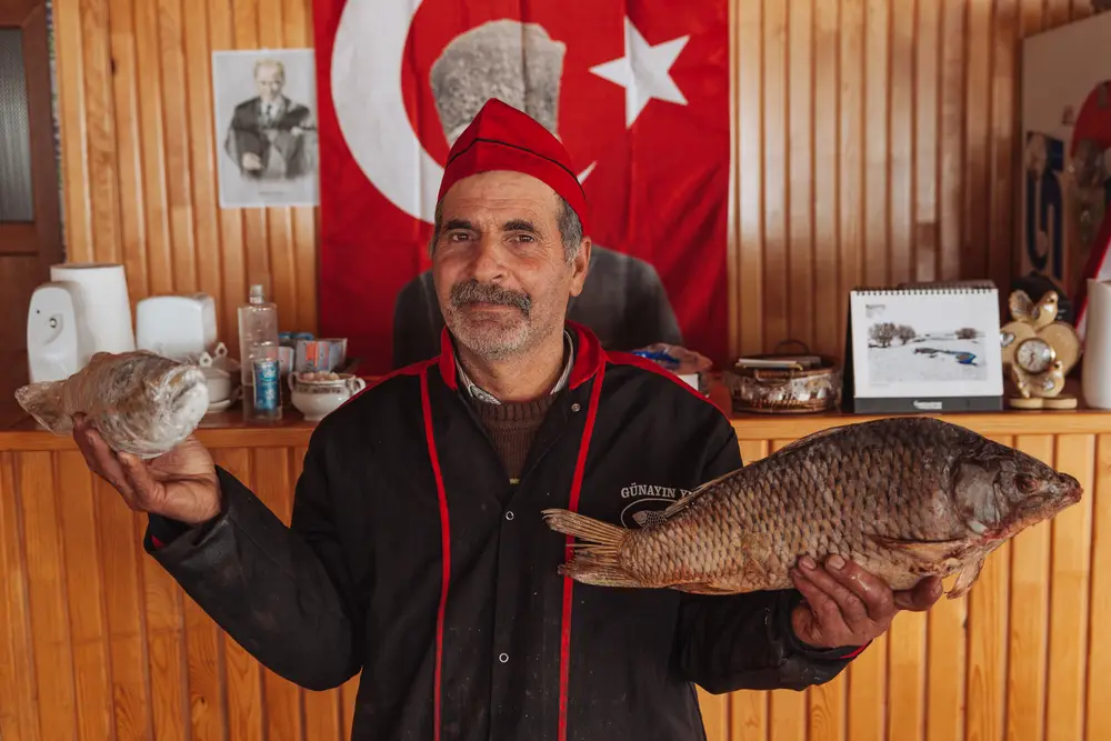 Today’s lunch menu, caught from a hole in the frozen lake’s surface.