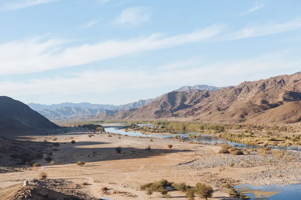 The Orange River separating South Africa on the left and Namibia on the right.