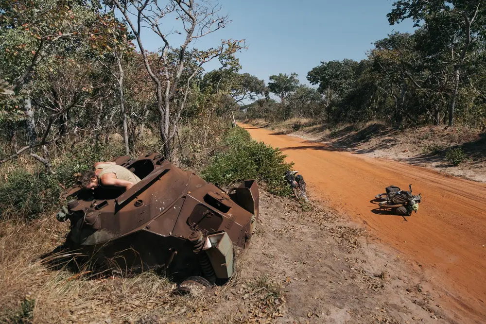 A Panhard armoured car lies destroyed from the previous Congo wars.