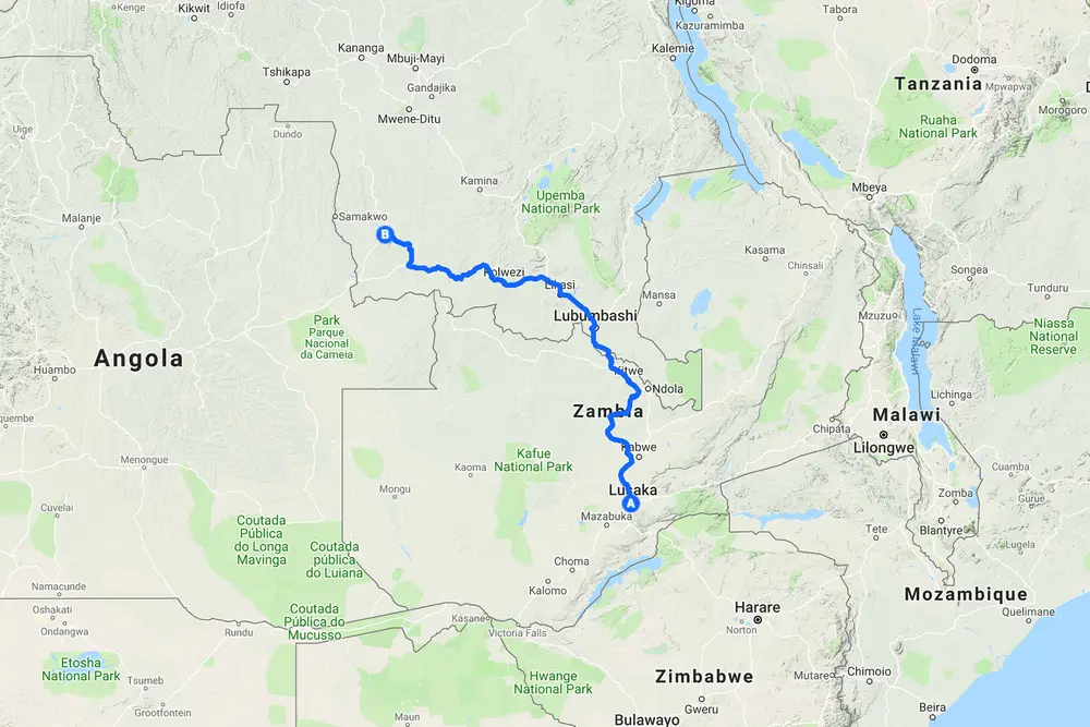 Our route from Lusaka to Sandoa by bicycle.