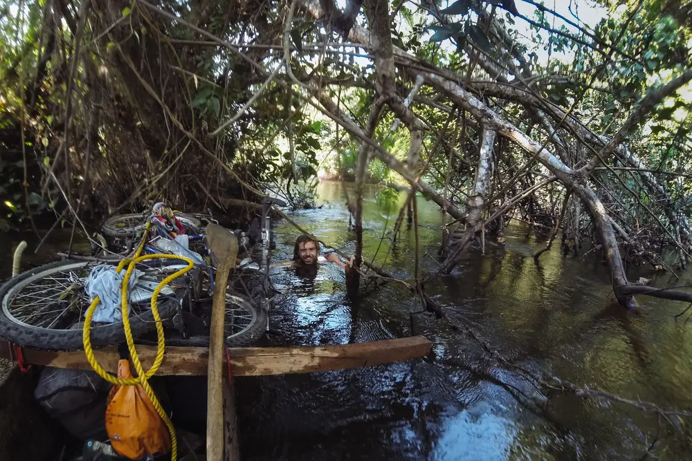 A small channel that avoided a set of rapids turned out to be a maze of fallen trees.