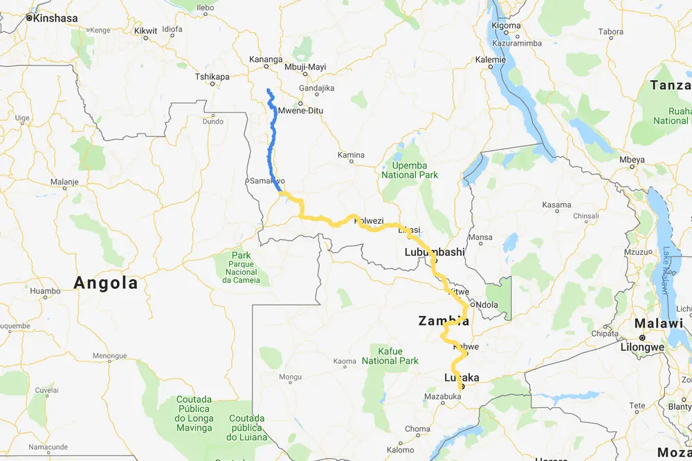 Blue: Our journey along the River Lulua by piroque. Yellow: Our route from Lusaka to Sandoa by bicycle