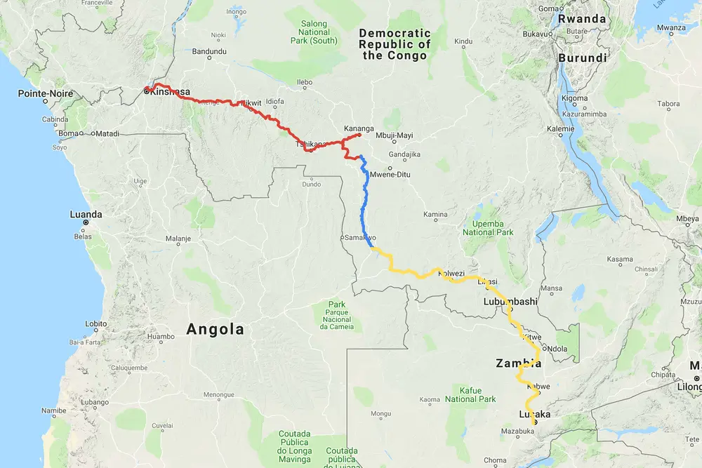 Red: The final leg on trucks to Kinshasa. Blue: Our journey along the River Lulua by piroque. Yellow: Our route from Lusaka to Sandoa by bicycle