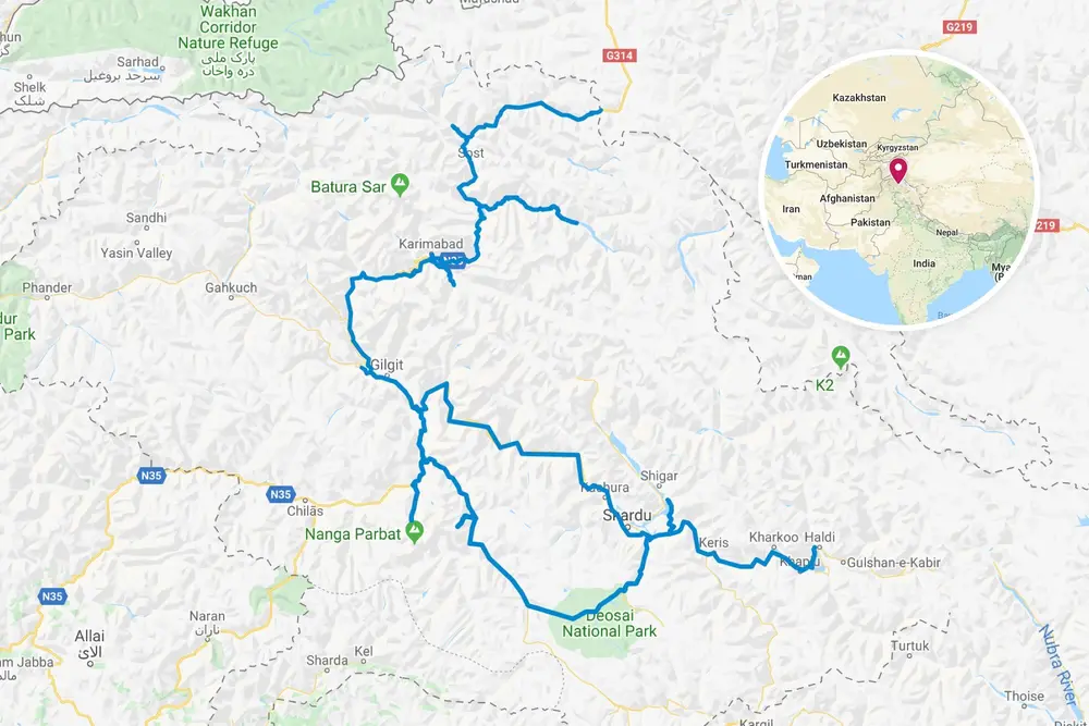Starting in Gilgit we headed north along the Karakoram Highway to the Khunjerab pass on the Chinese border. We returned to Gilgit, and then headed east along the Skardu valley to Khaplu before heading back to Gilgit via the Deosai plains.