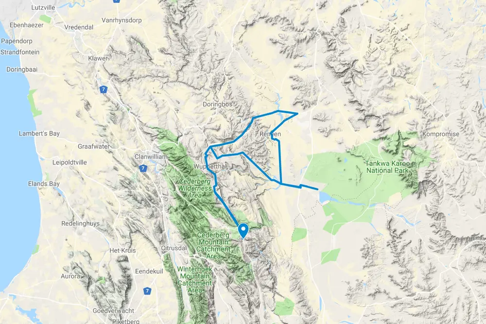 We trailered the bikes up to Oasis backpackers, then headed north towards Wuppertal then along the Biedouw Valley and across the Doring river. From there we headed south to Elandsvlei to the start of The Old Postal Route, which took us back to the B…