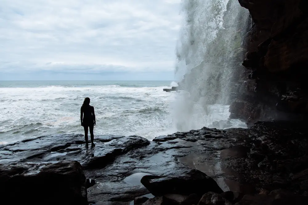 Standing underneath Waterfall Bluff, one of the many waterfalls along The WIld Coast that drops straight into the ocean.